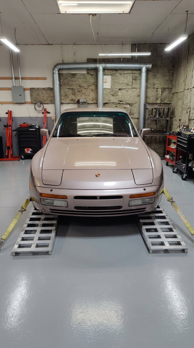 Porsche 944 strapped down on the dyno ramps