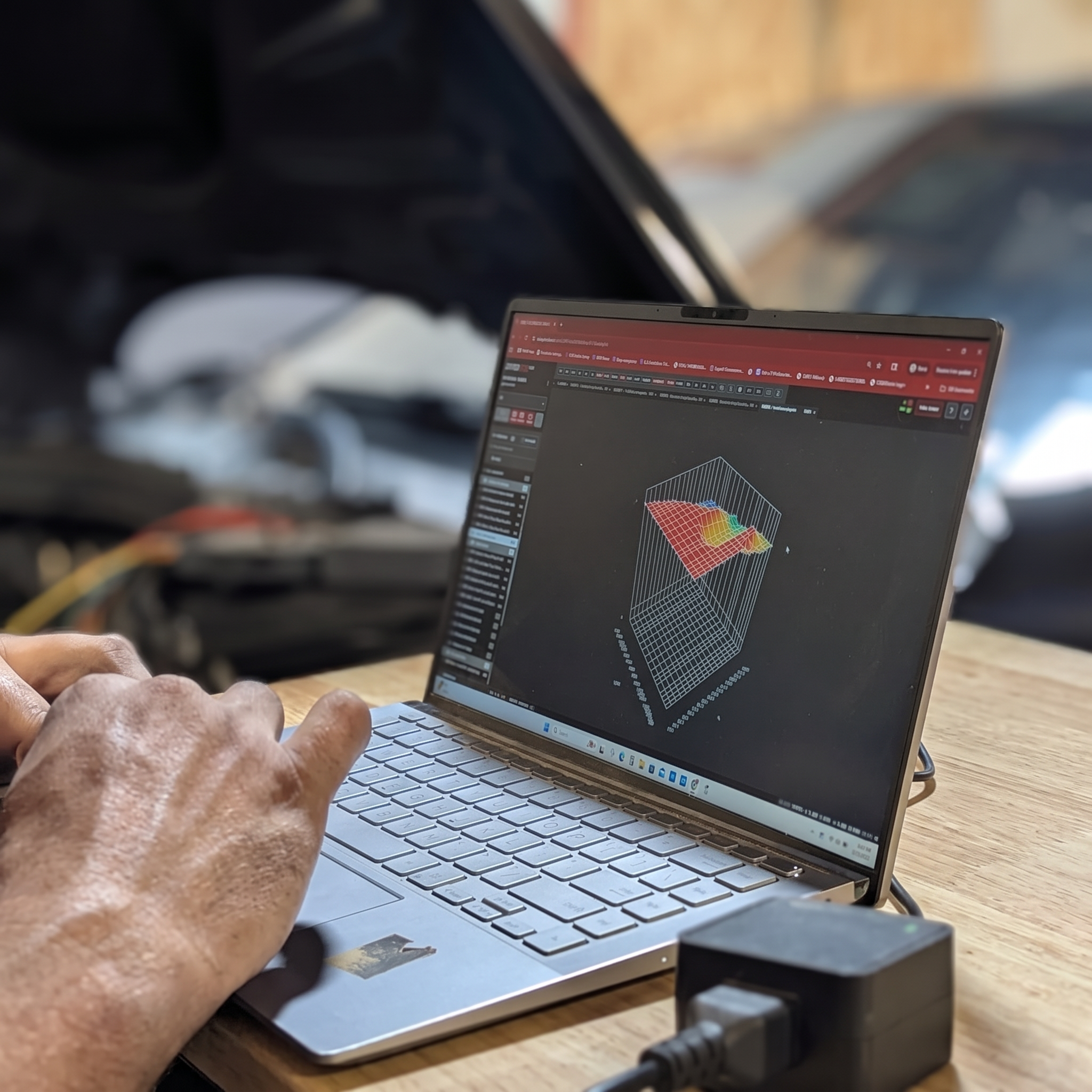 Laptop showing a 3D ECU fuel map during a custom tune