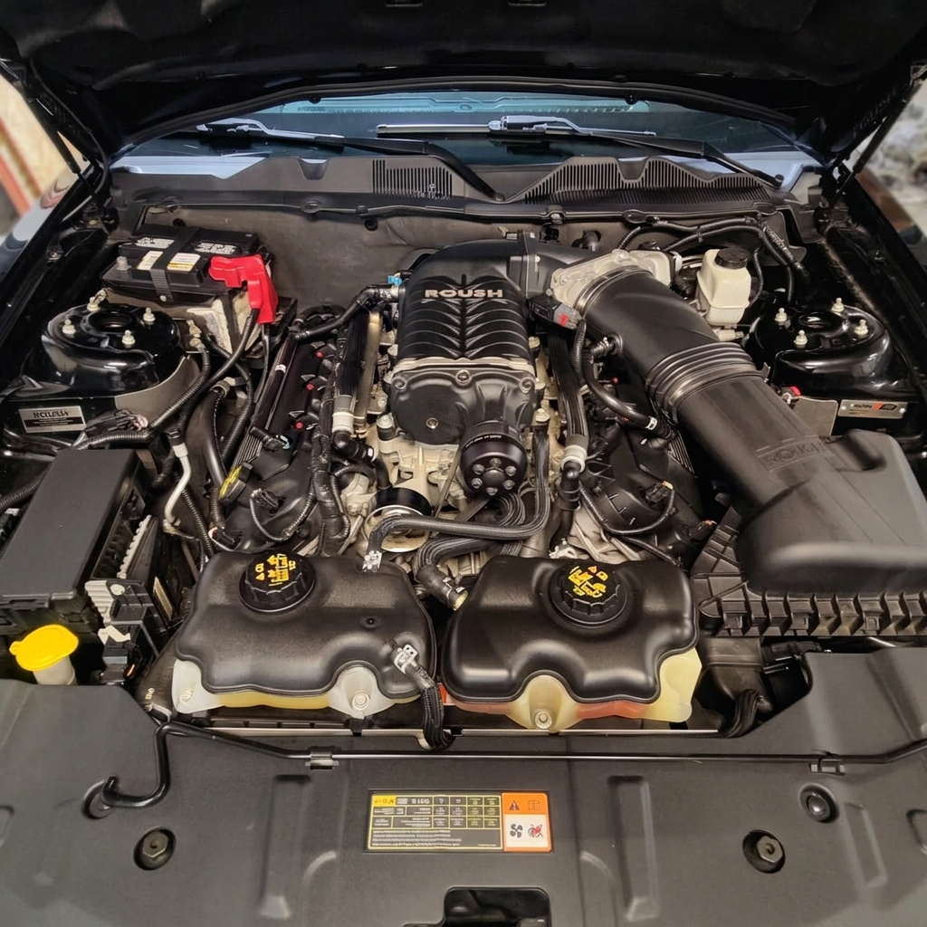 Roush supercharged Mustang engine bay