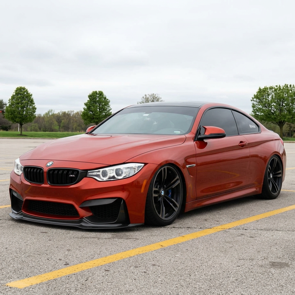 Sakhir Orange BMW M4 coupe on black wheels after tuning