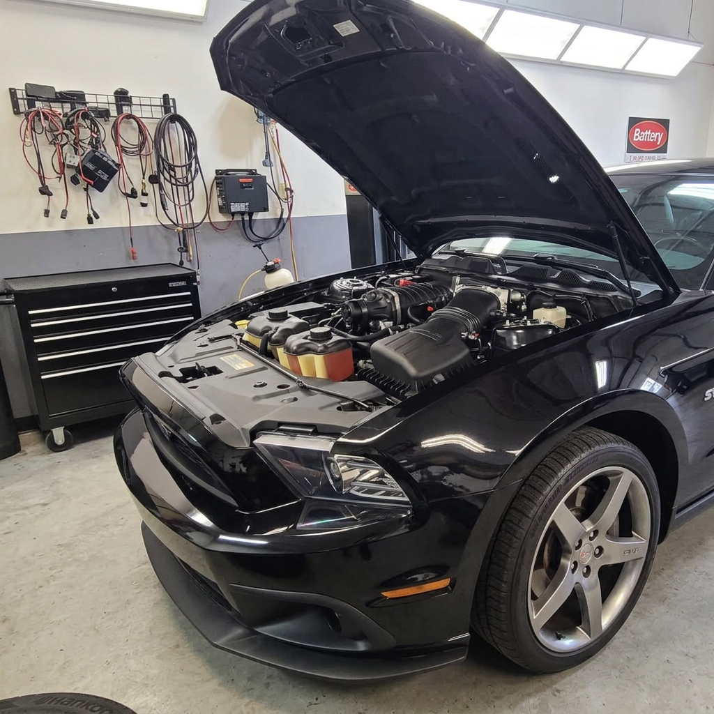 Black Ford Mustang GT with the hood open in the shop