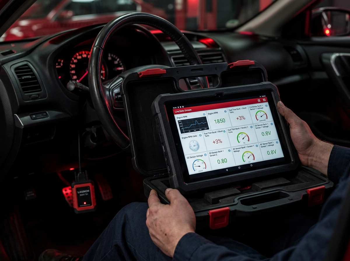 Technician running live-data diagnostics with a Launch X431 V+ tablet scan tool